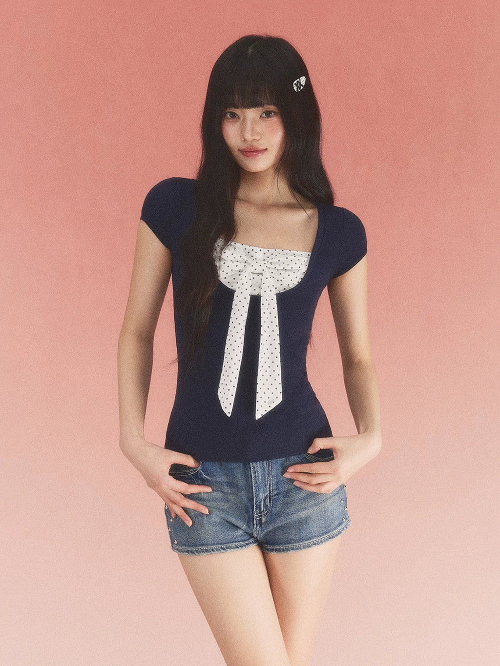 Color-Blocked Square-Neck Polka Dot Bow Tee