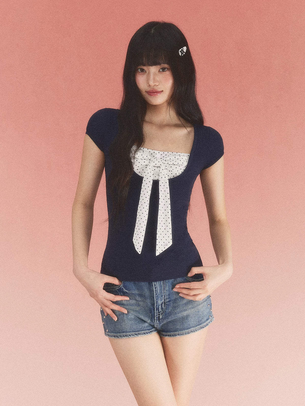 Color-Blocked Square-Neck Polka Dot Bow Tee