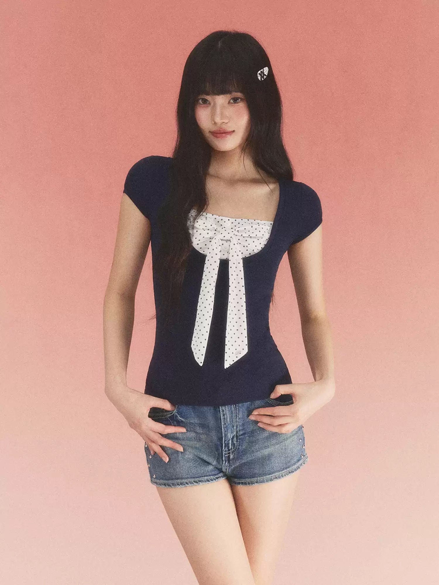 Contrast polka dot bow layered tee