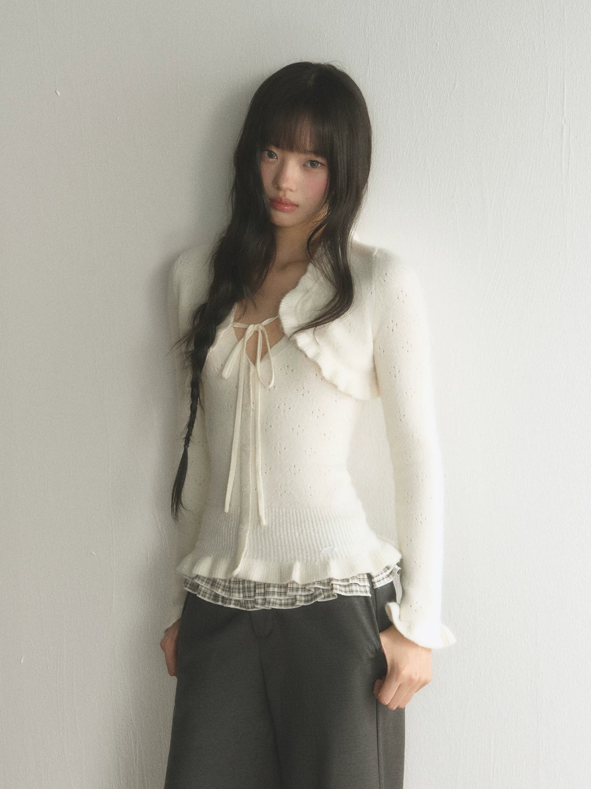 Ruffled Hollow-Out Knit Cardigan & V-Neck Cami Set