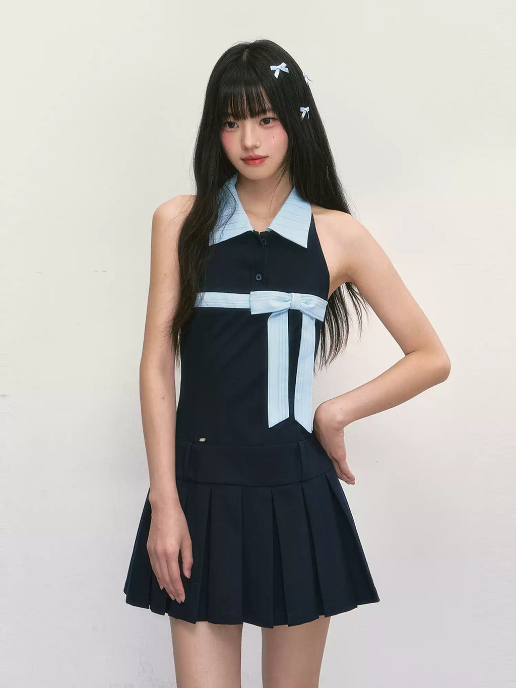 Halter neck sleeveless mini dress in navy blue