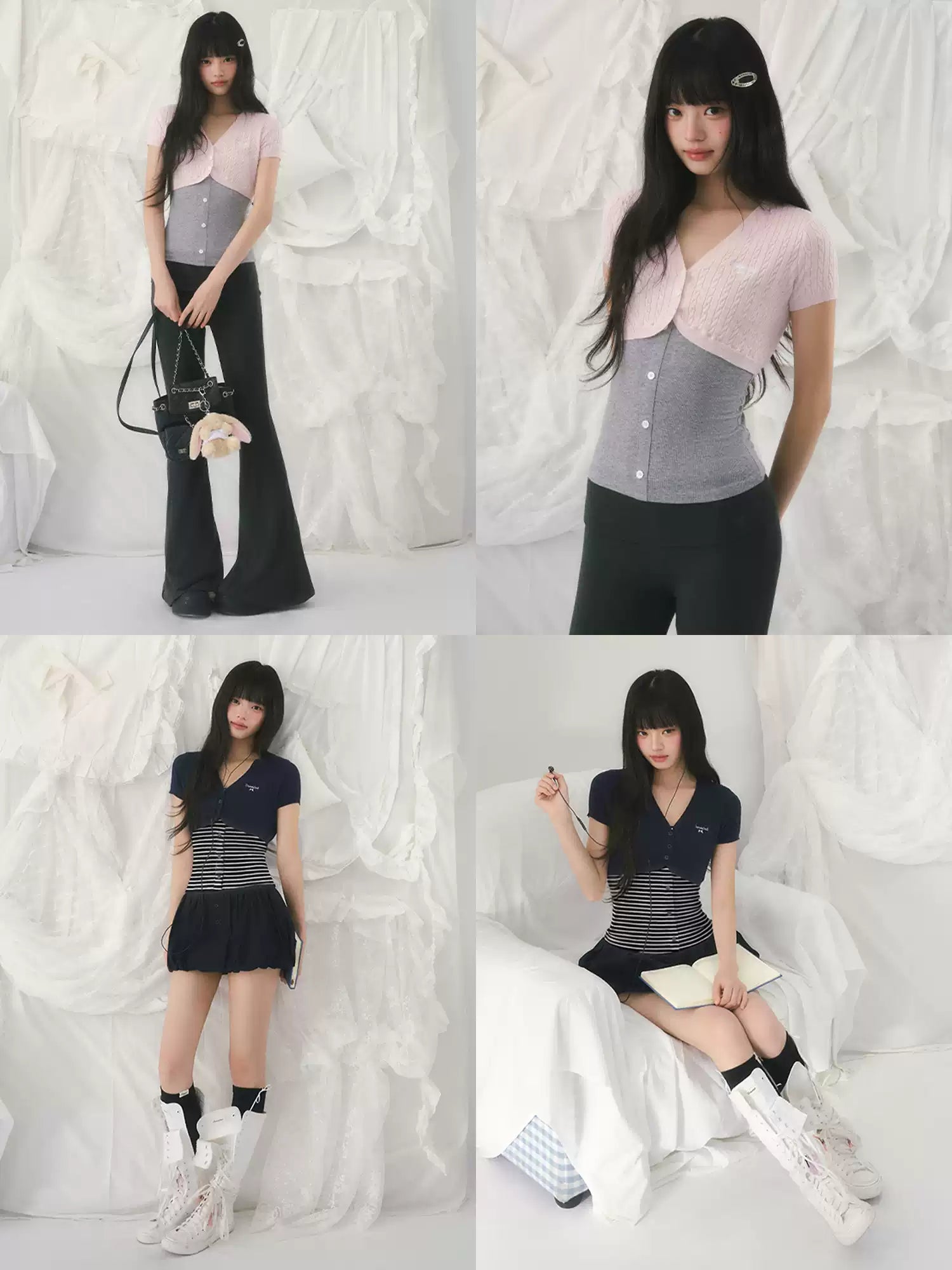 Contrast knit two-piece short sleeve set