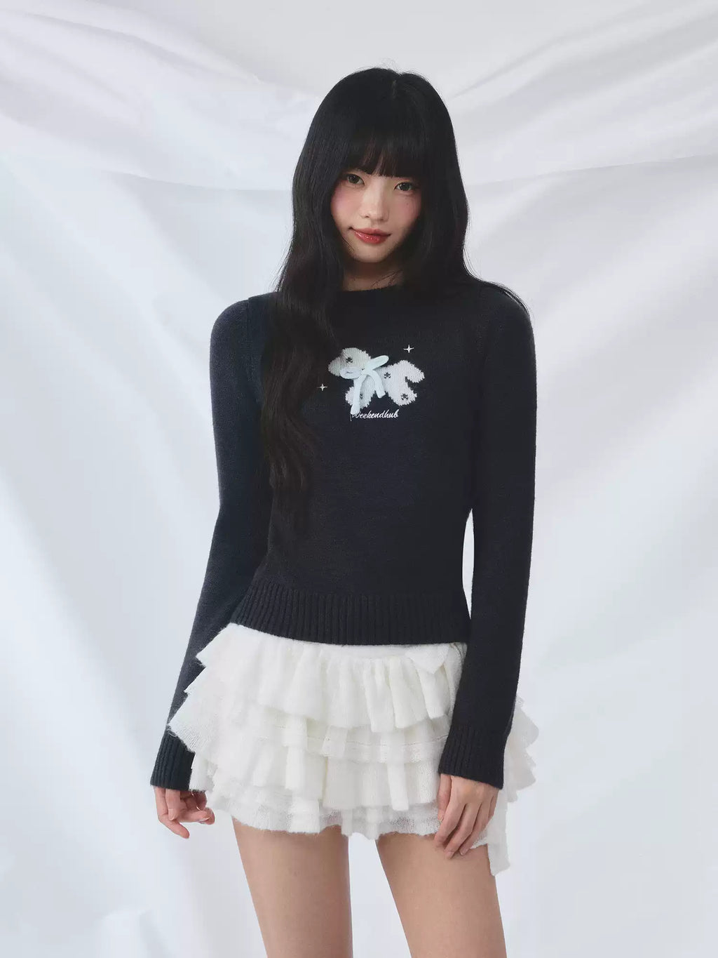 Bow detail horse jacquard knit top in navy blue