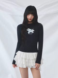 Bow detail horse jacquard knit top in navy blue
