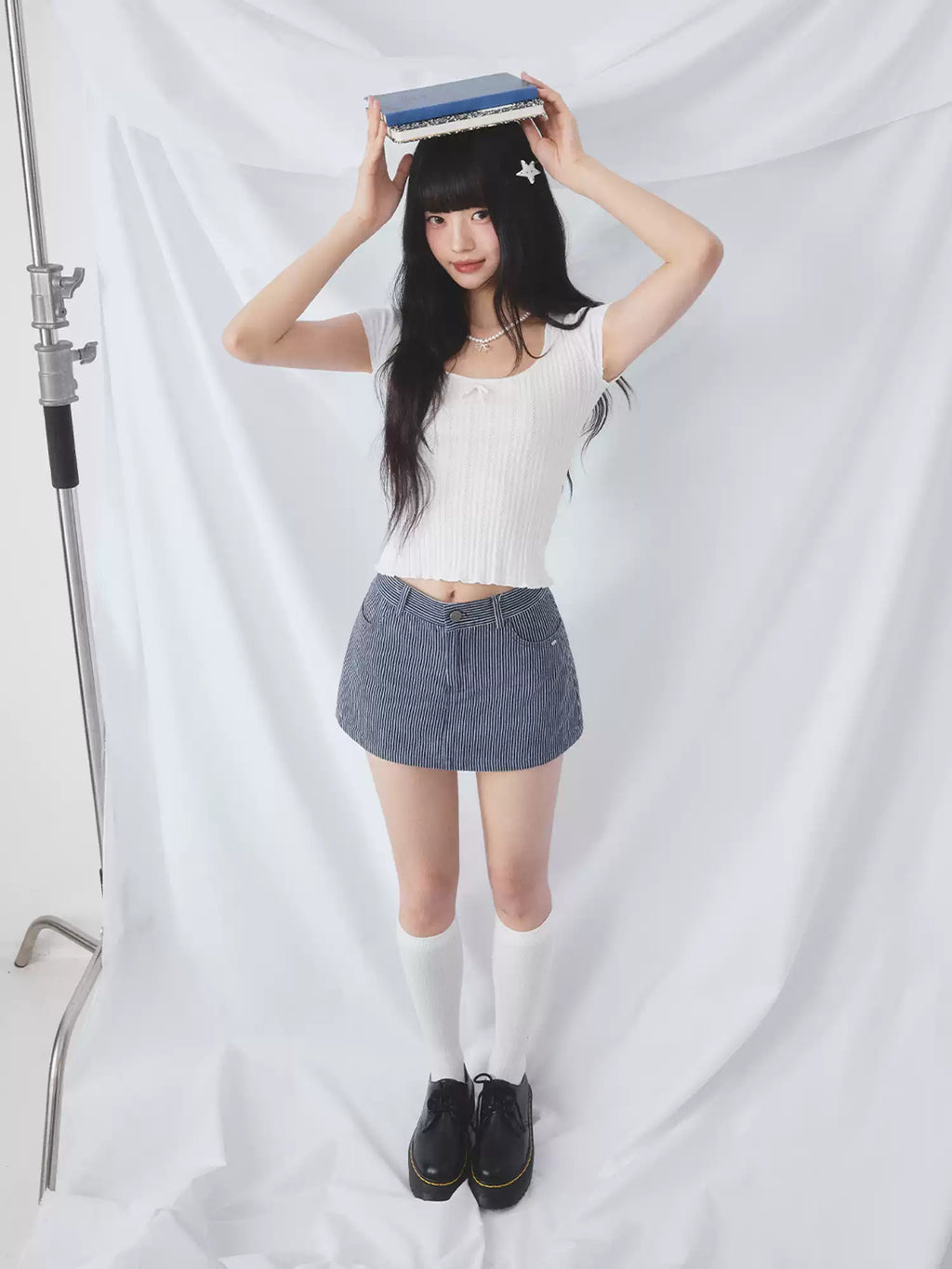 Vertical striped denim mini skirt