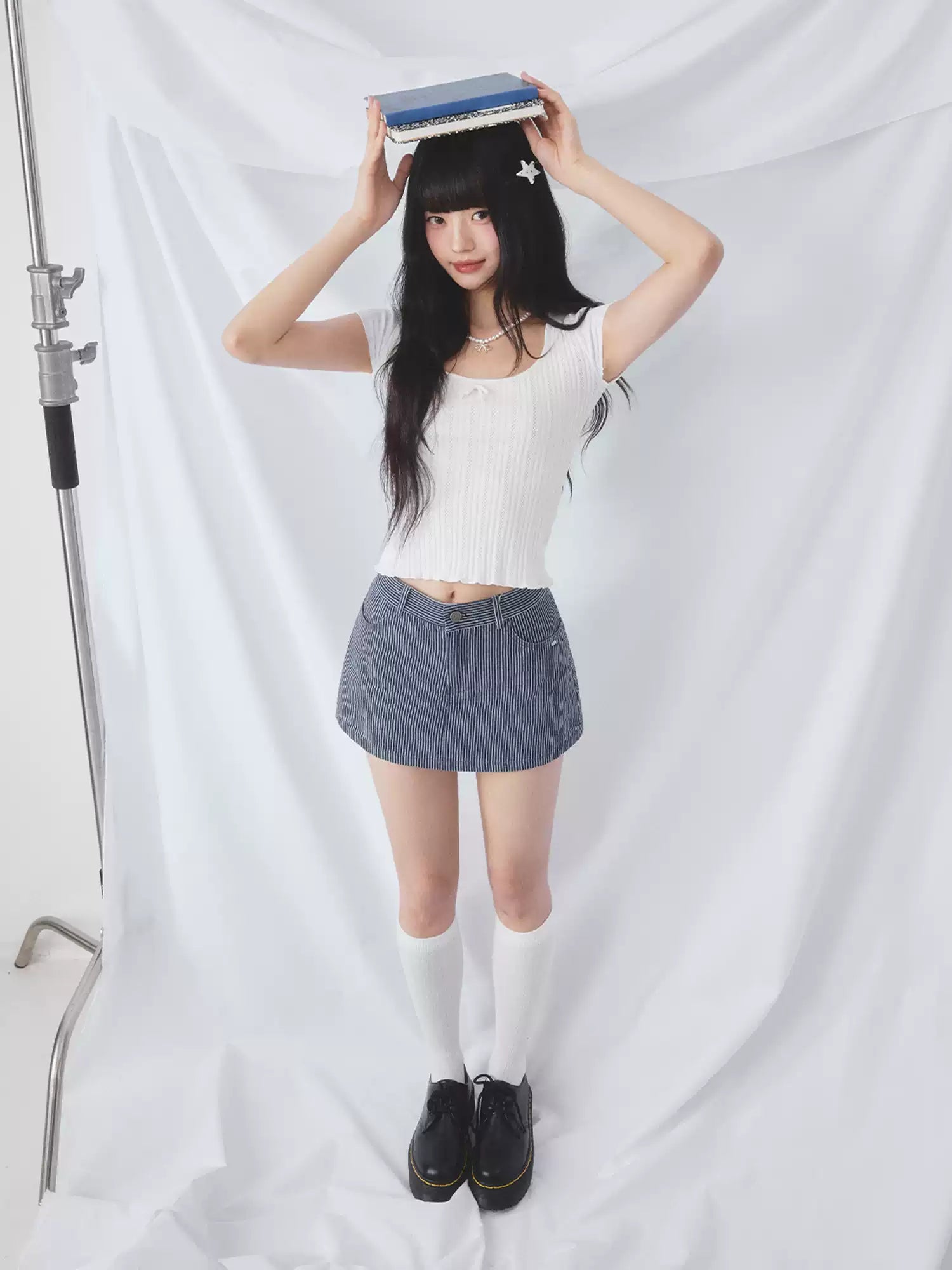 Vertical striped denim mini skirt