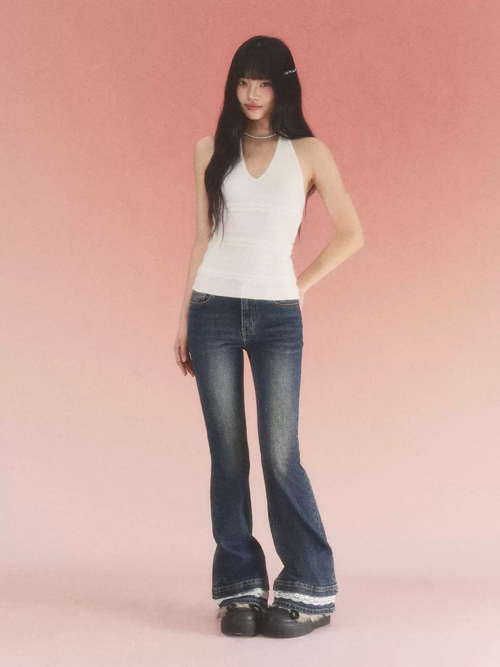 Vintage lace trim flared jeans