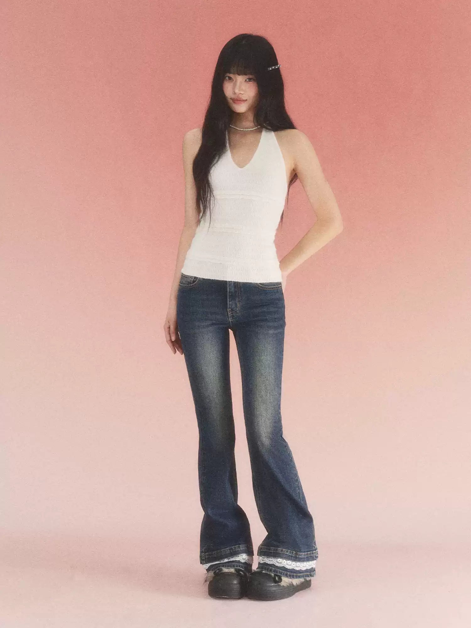 Vintage lace trim flared jeans