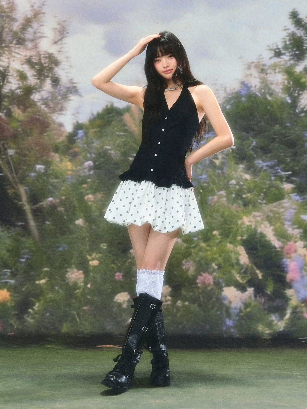 Slim-Fit Halter Neck Polka Dot Dress