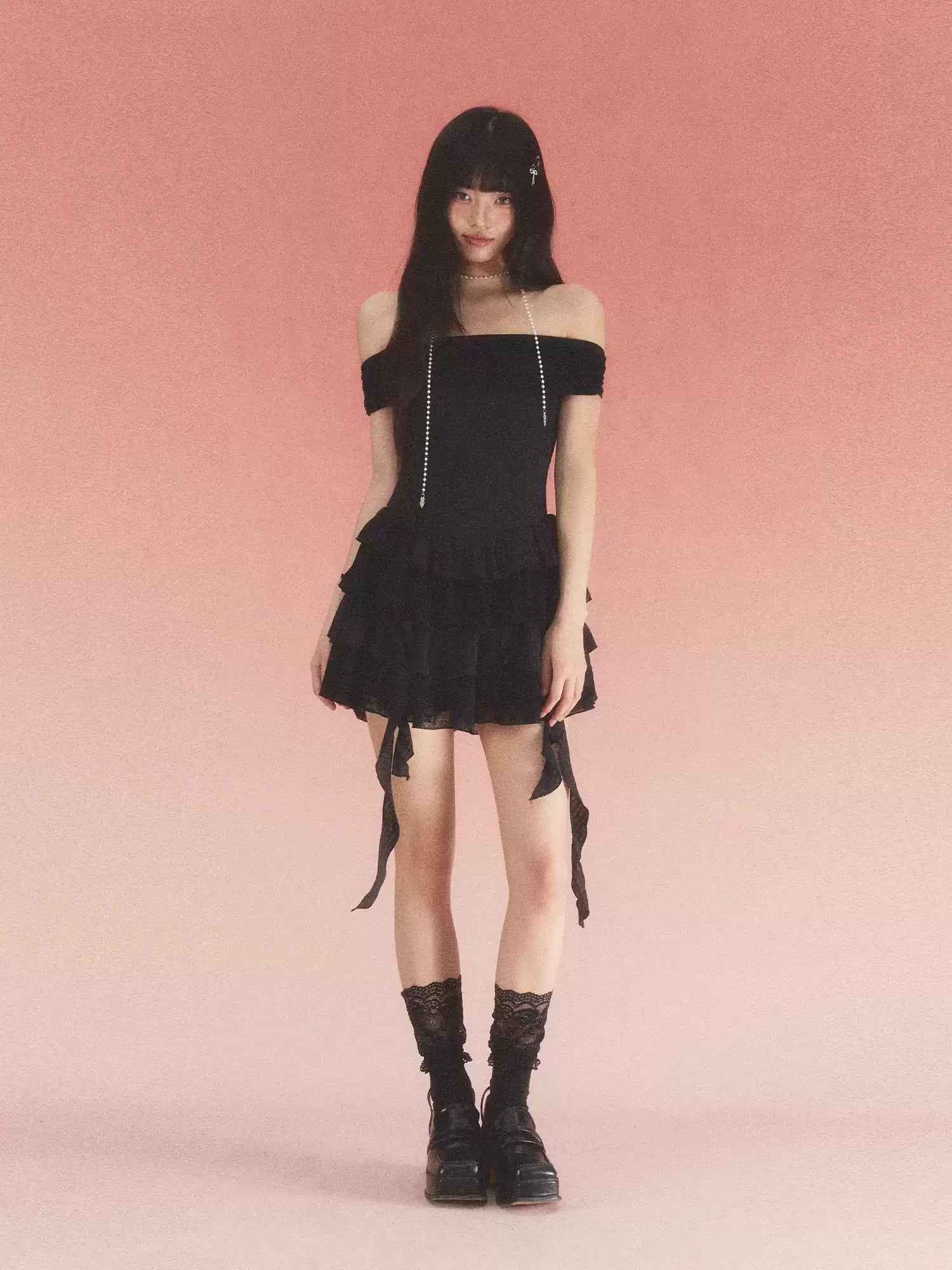 Lace jacquard off-shoulder tiered black dress