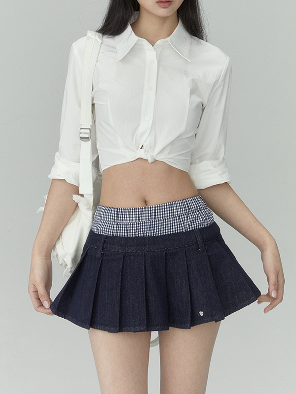 Pleated A-Line Denim Skirt