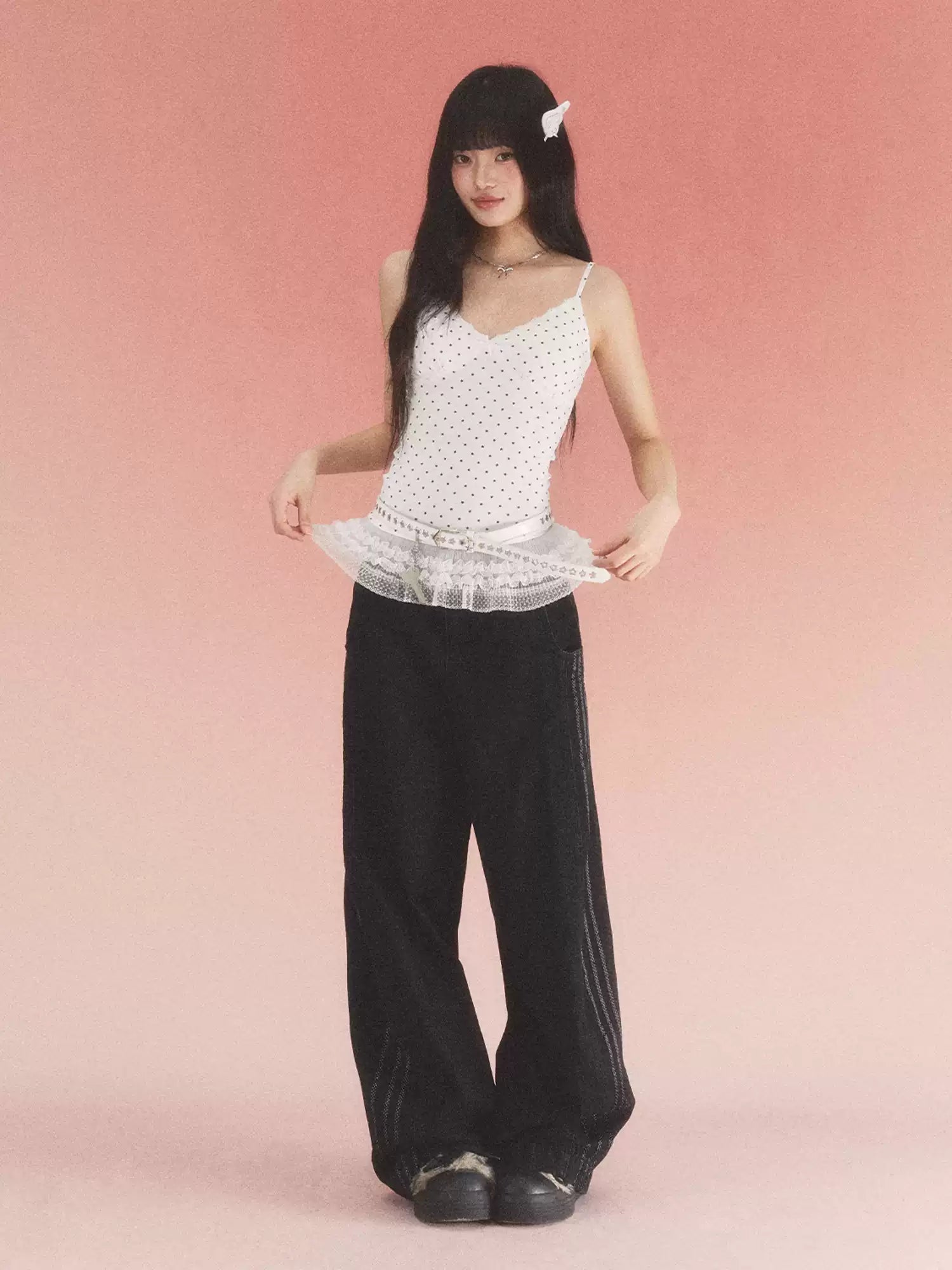 Star print lace trim camisole top