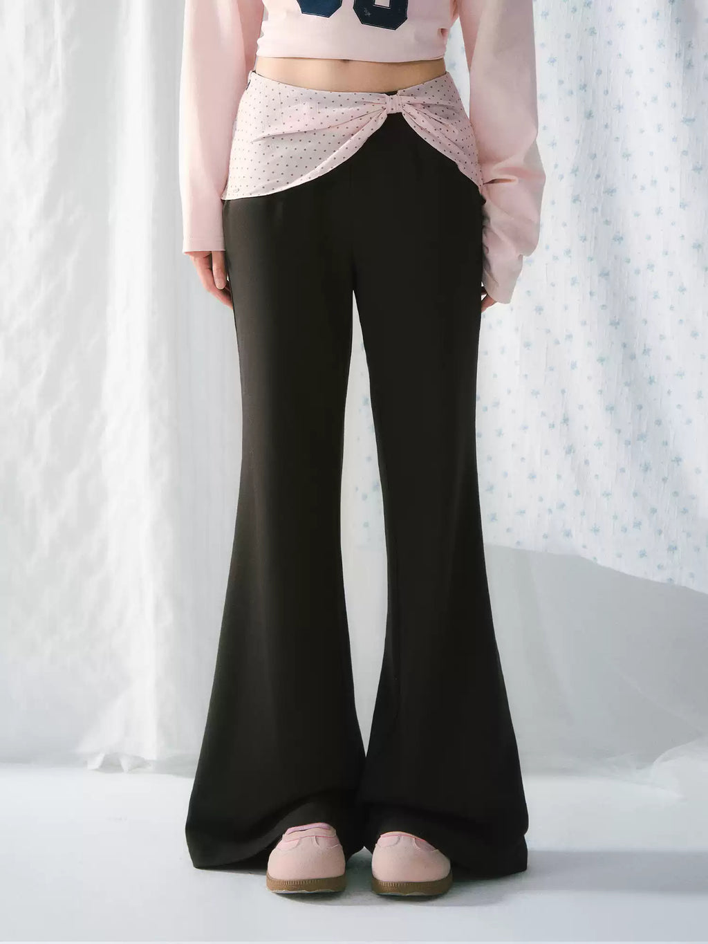 Polka dot bow layered flared pants in dark brown