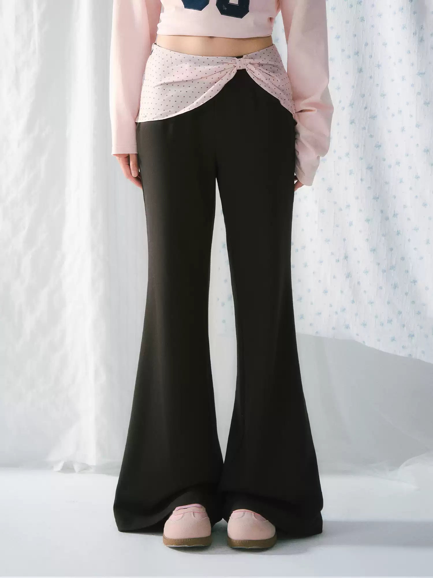 Polka dot bow layered flared pants in dark brown