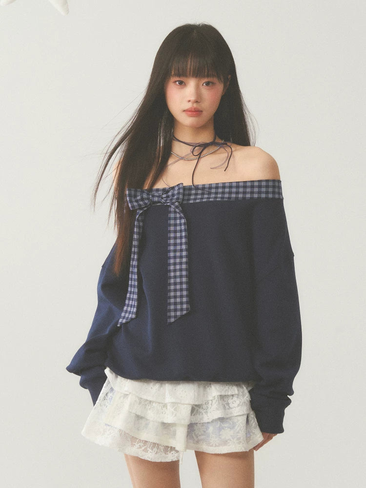 Off-Shoulder Plaid Bow Sweatshirt