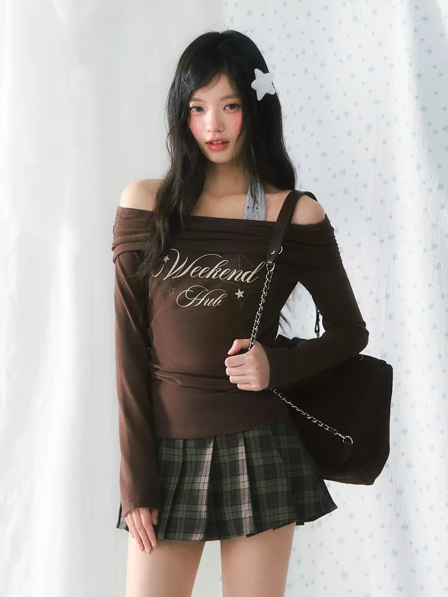 Weekendhub logo long sleeve off-shoulder & halter top set in brown