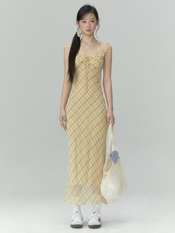 French Tulle Yellow Plaid Maxidress