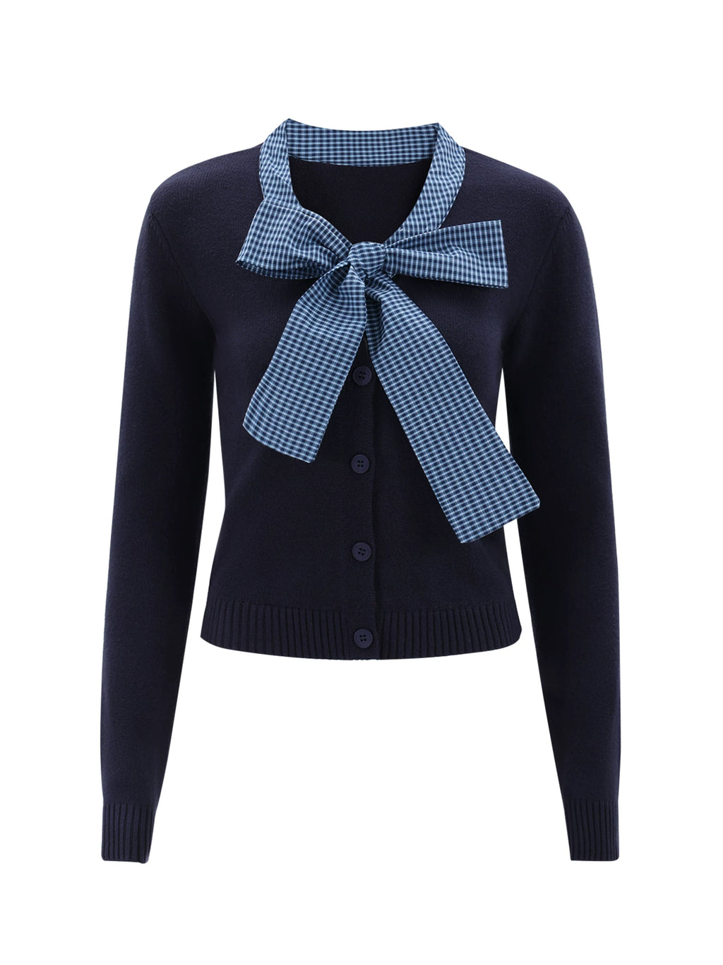 Contrast Plaid Bow-Tie Knit Long Sleeve Top