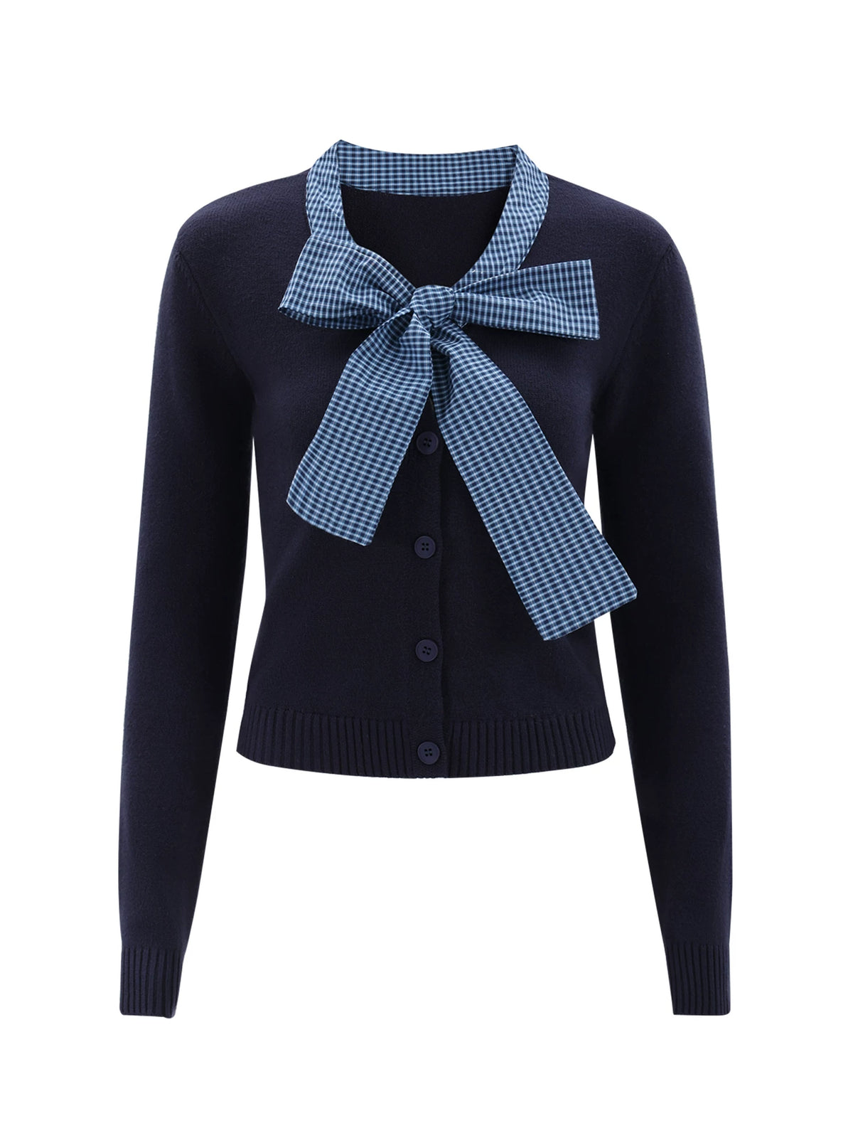 Contrast Plaid Bow-Tie Knit Long Sleeve Top