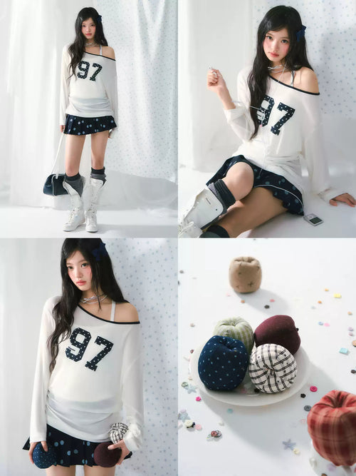 97 Print one-shoulder sheer long sleeve top