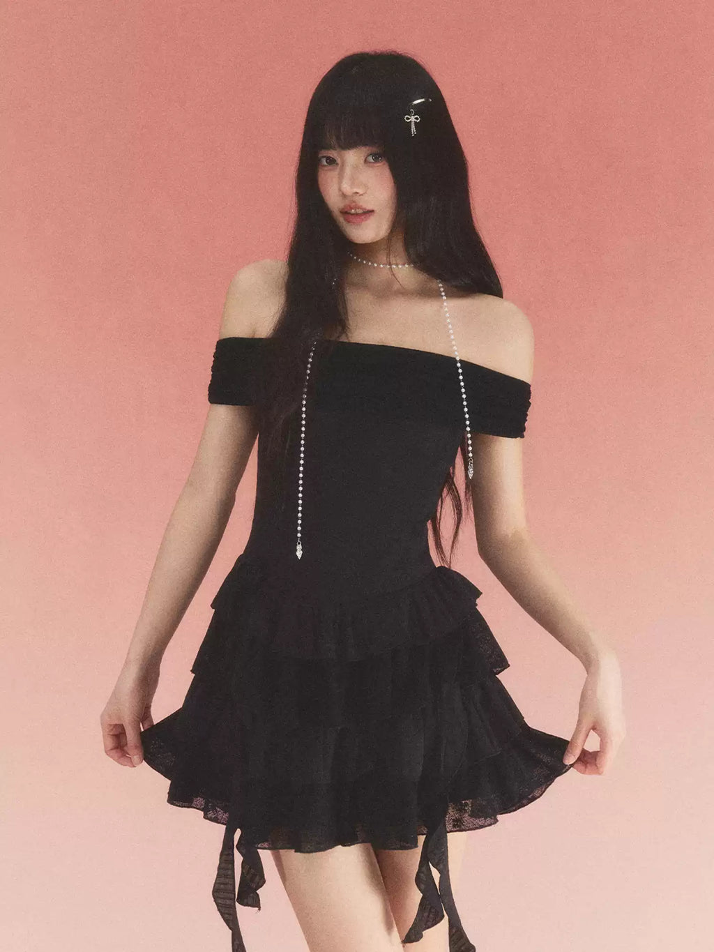 Lace jacquard off-shoulder tiered black dress