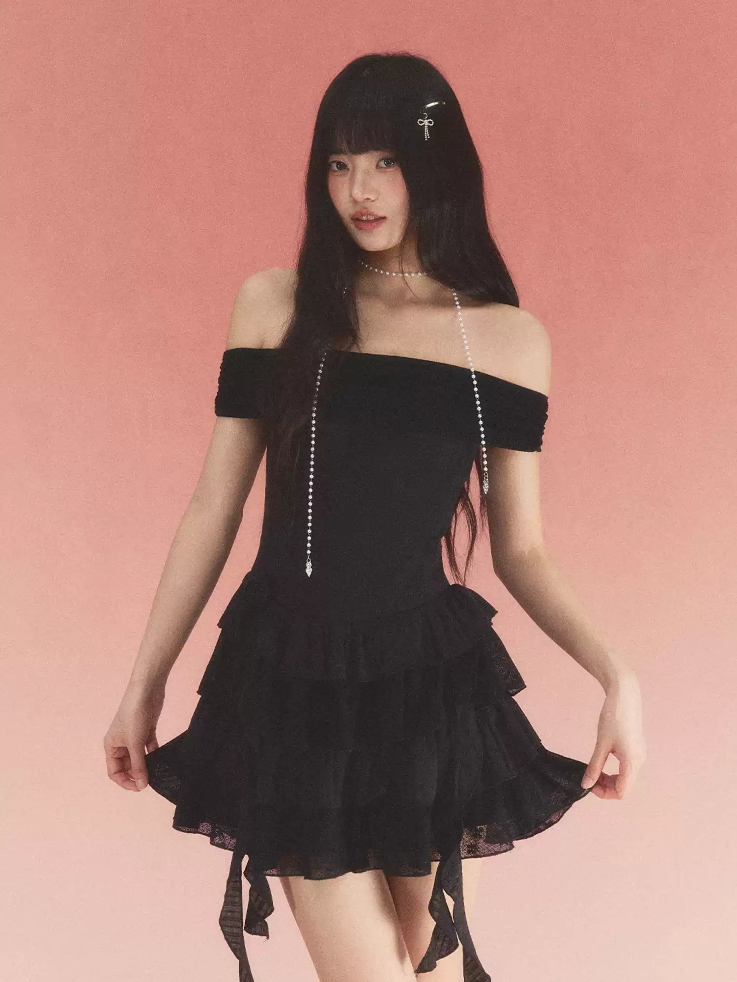 Lace jacquard off-shoulder tiered black dress