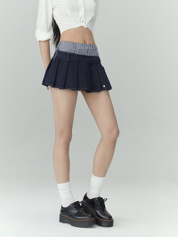 Pleated A-Line Denim Skirt