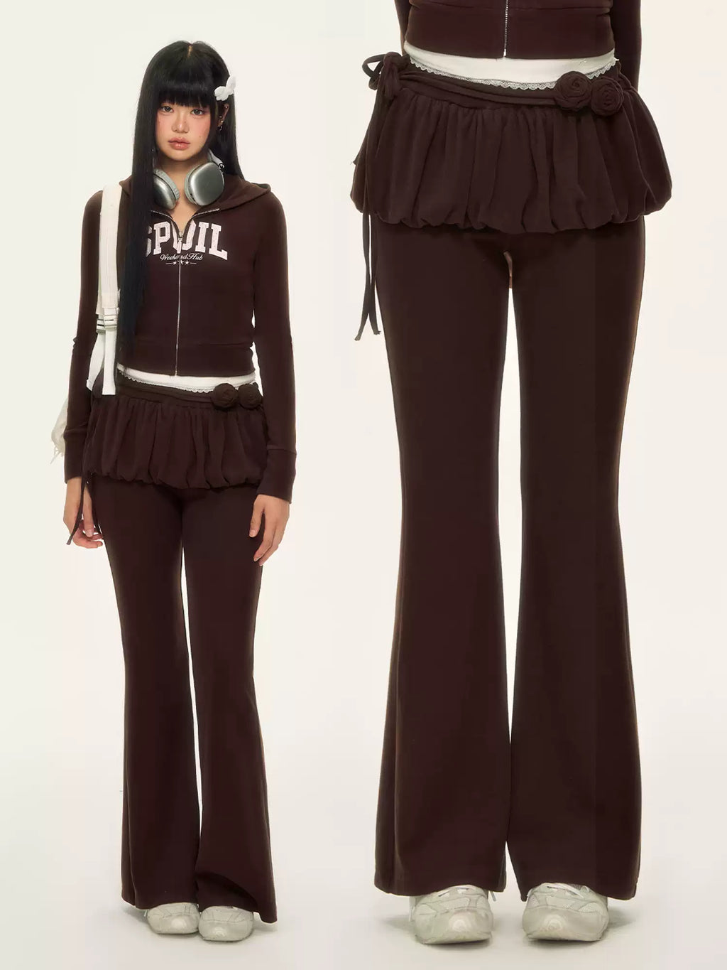 Coffee brown retro rose ribbon flared layered pants
