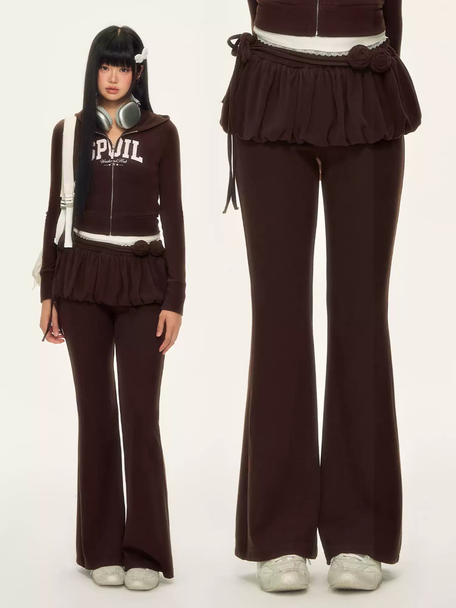 Coffee brown retro rose ribbon flared layered pants