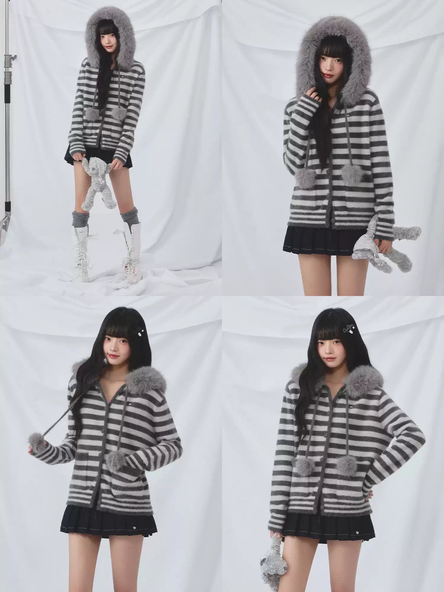 Faux fur collar hooded striped cardigan