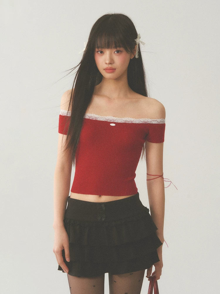 Red Off-Shoulder Lace Spliced Top