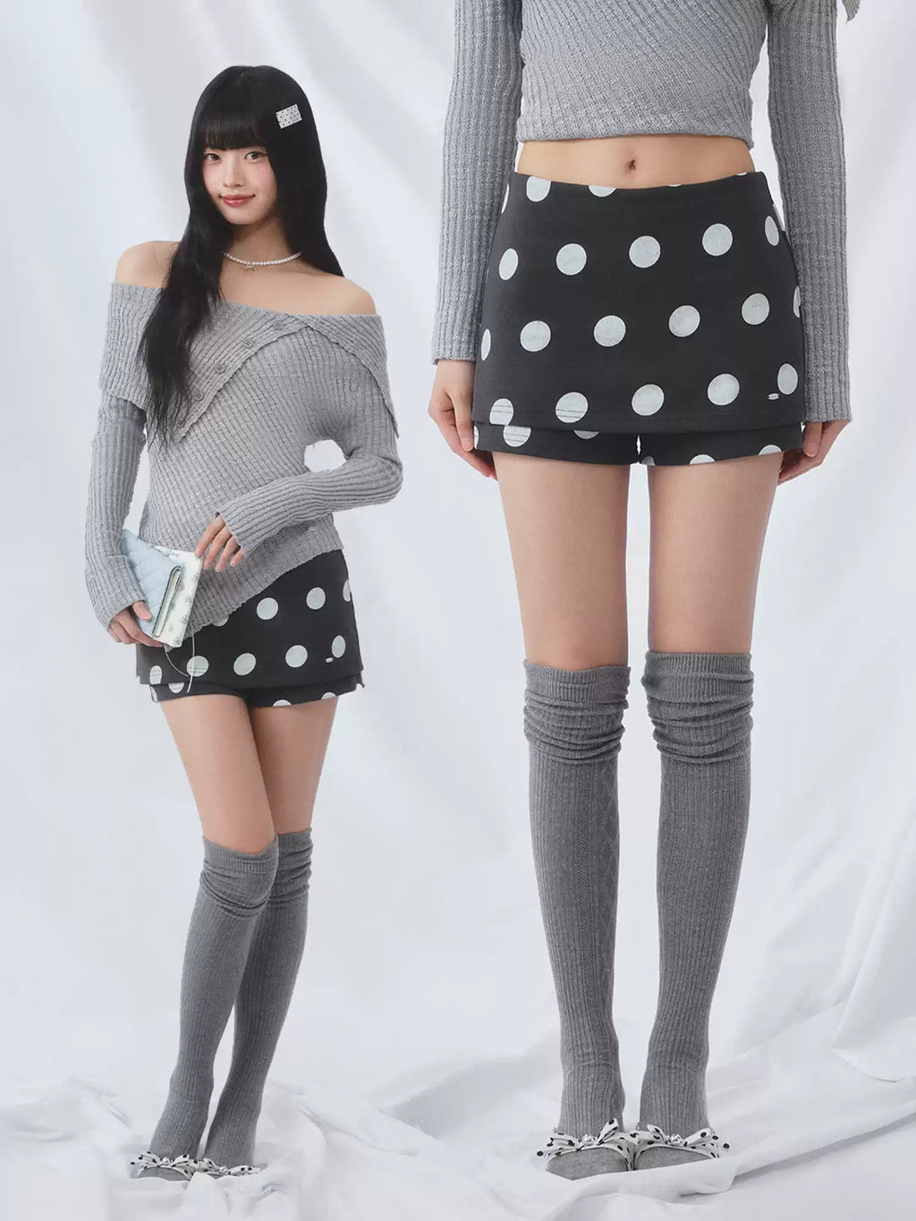 Contrast polka dot A-line skort skirt