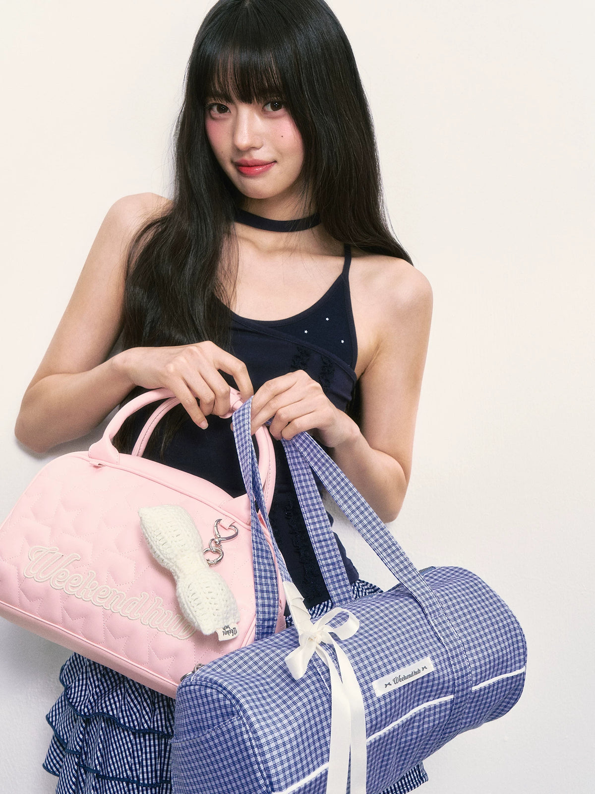 Blue Korean Style Ribbon Plaid Barrel Shoulder Bag