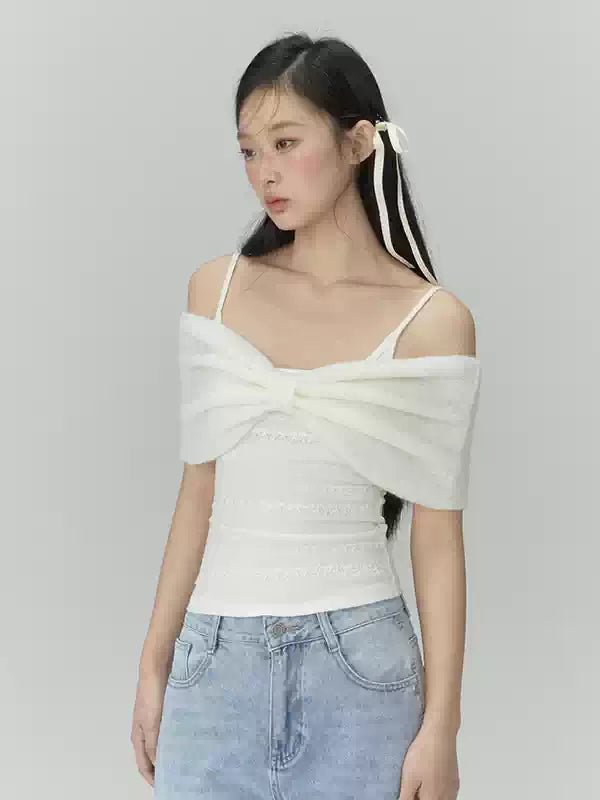 Apricot Off-Shoulder Bow Long Sleeve Top