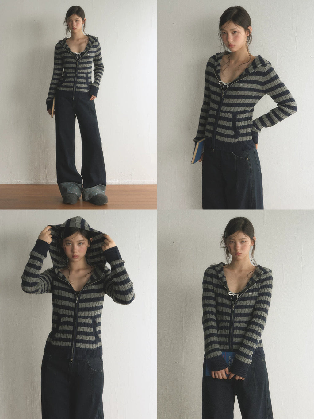 Striped Hooded Zip-Up Knit Cardigan