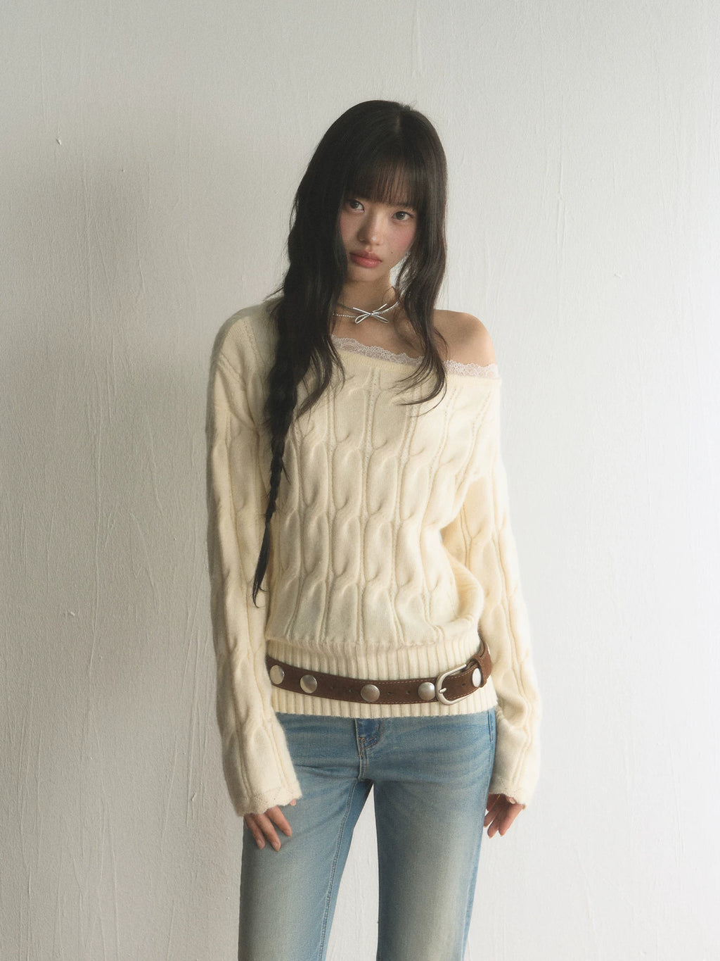 Twist-Knit Off-Shoulder Slouchy Sweater