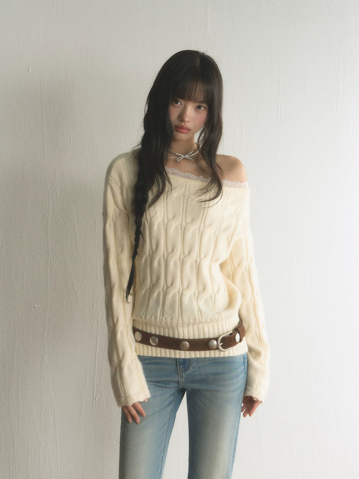 Twist-Knit Off-Shoulder Slouchy Sweater