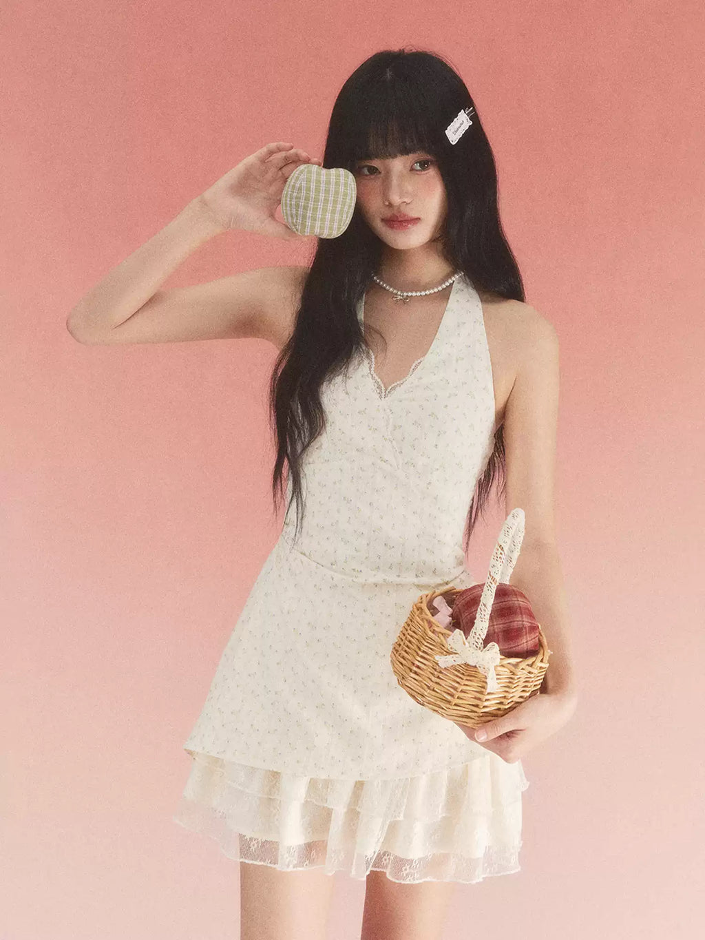 Floral halter neck lace trim dress