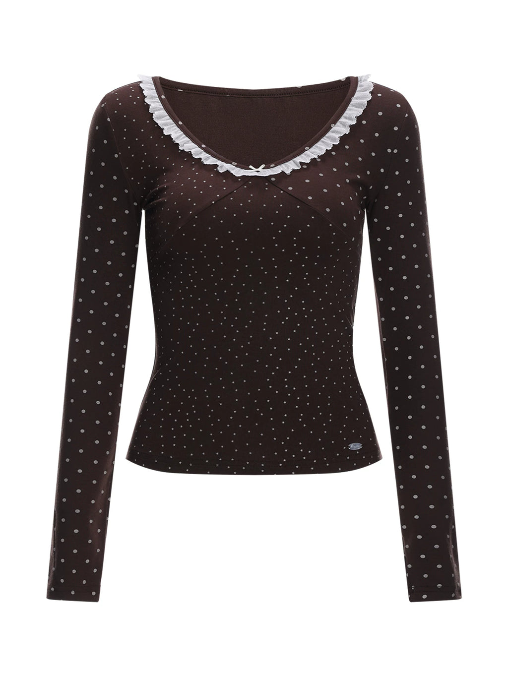 Brown v-neck lace polka dot long sleeve top