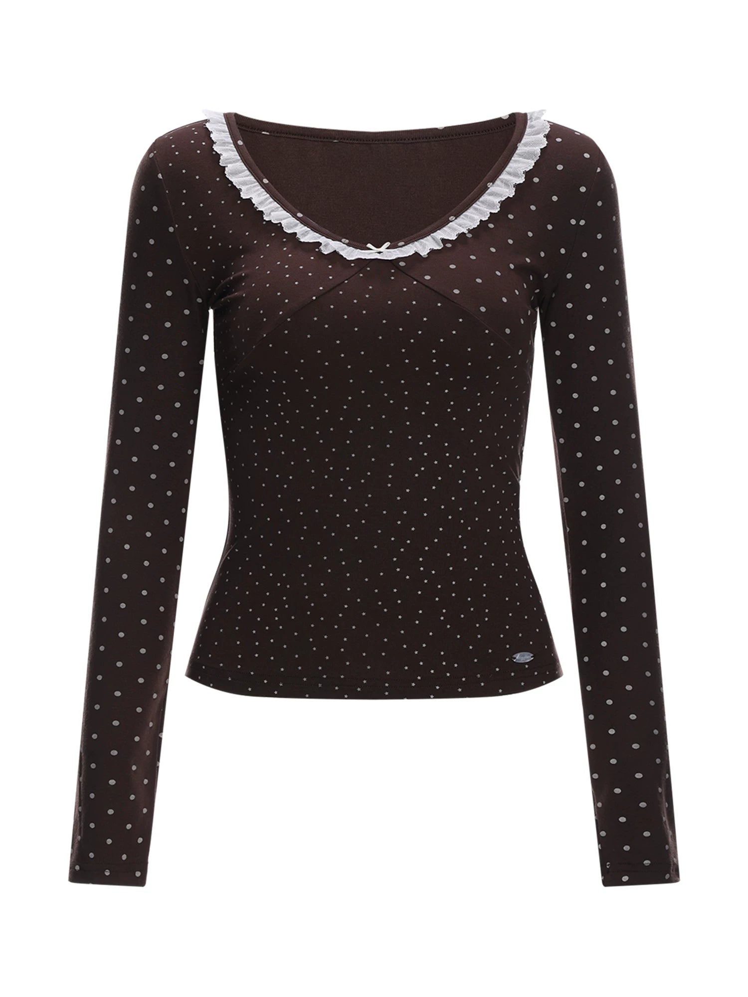 Brown v-neck lace polka dot long sleeve top