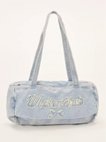 Bow & letter print denim shoulder bag