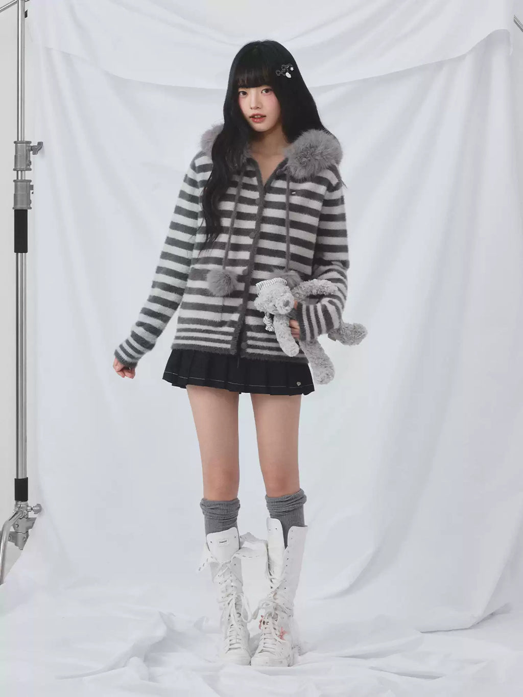 Faux fur collar hooded striped cardigan