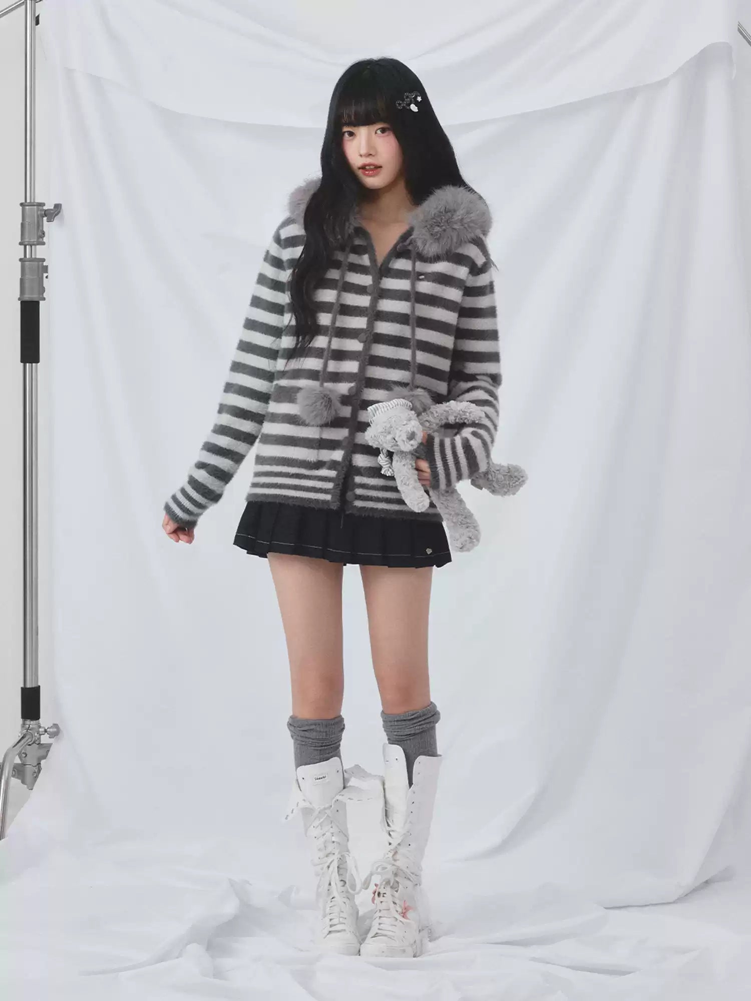 Faux fur collar hooded striped cardigan