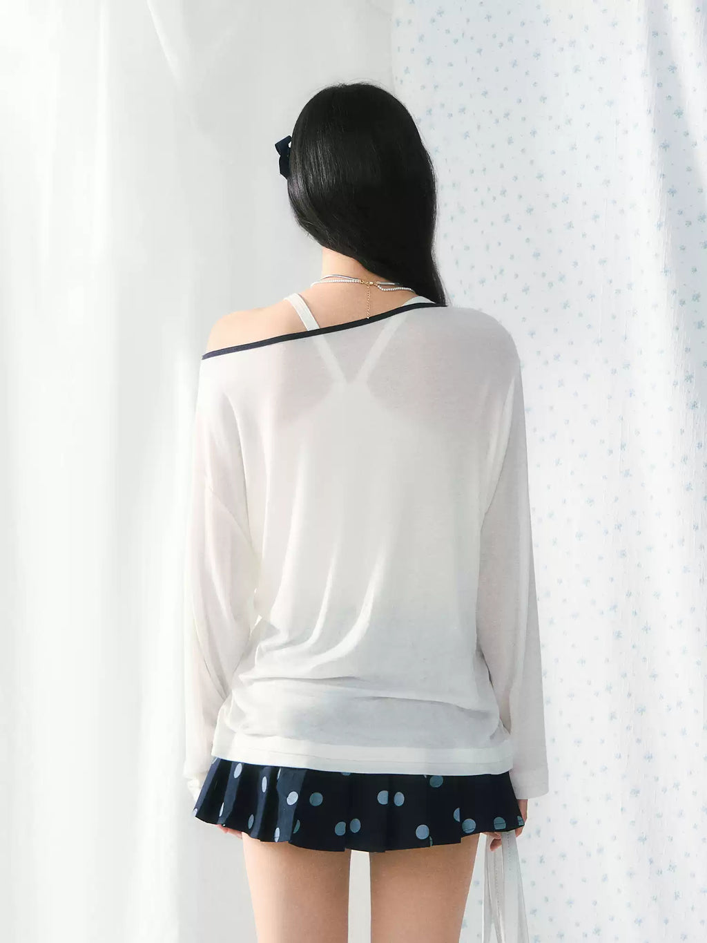 97 Print one-shoulder sheer long sleeve top