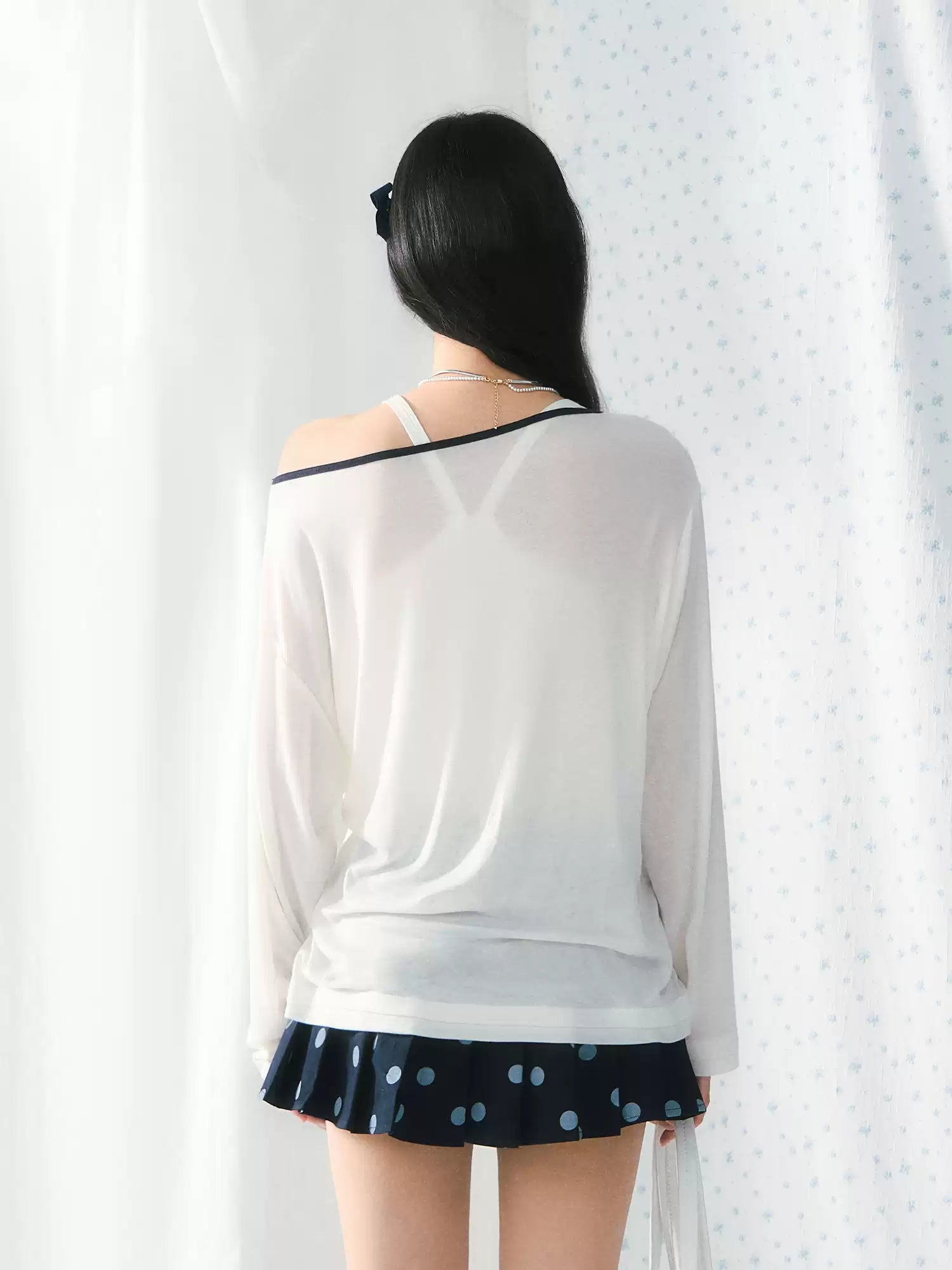 97 Print one-shoulder sheer long sleeve top