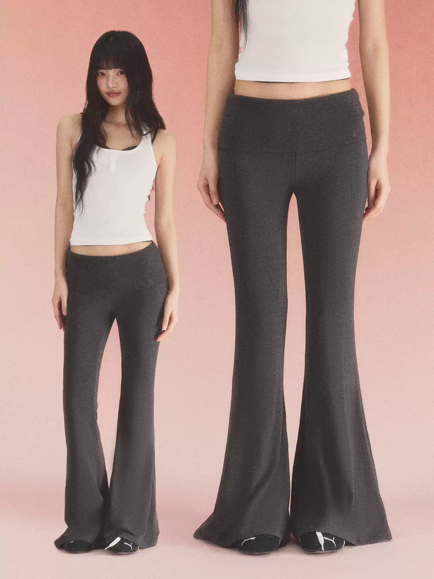 Fold-over waist flared knit pants in black