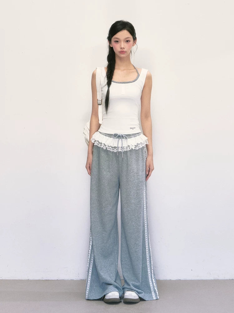Lace Patchwork High-Waisted Wide-Leg Pants