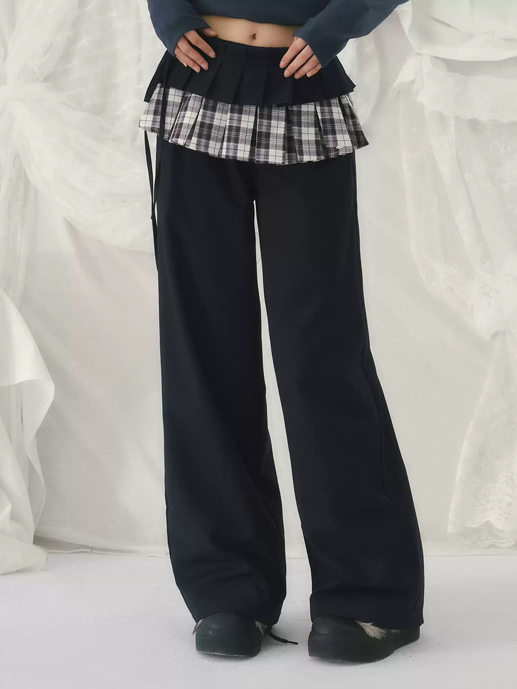 Checked layered straight-leg pants in navy blue