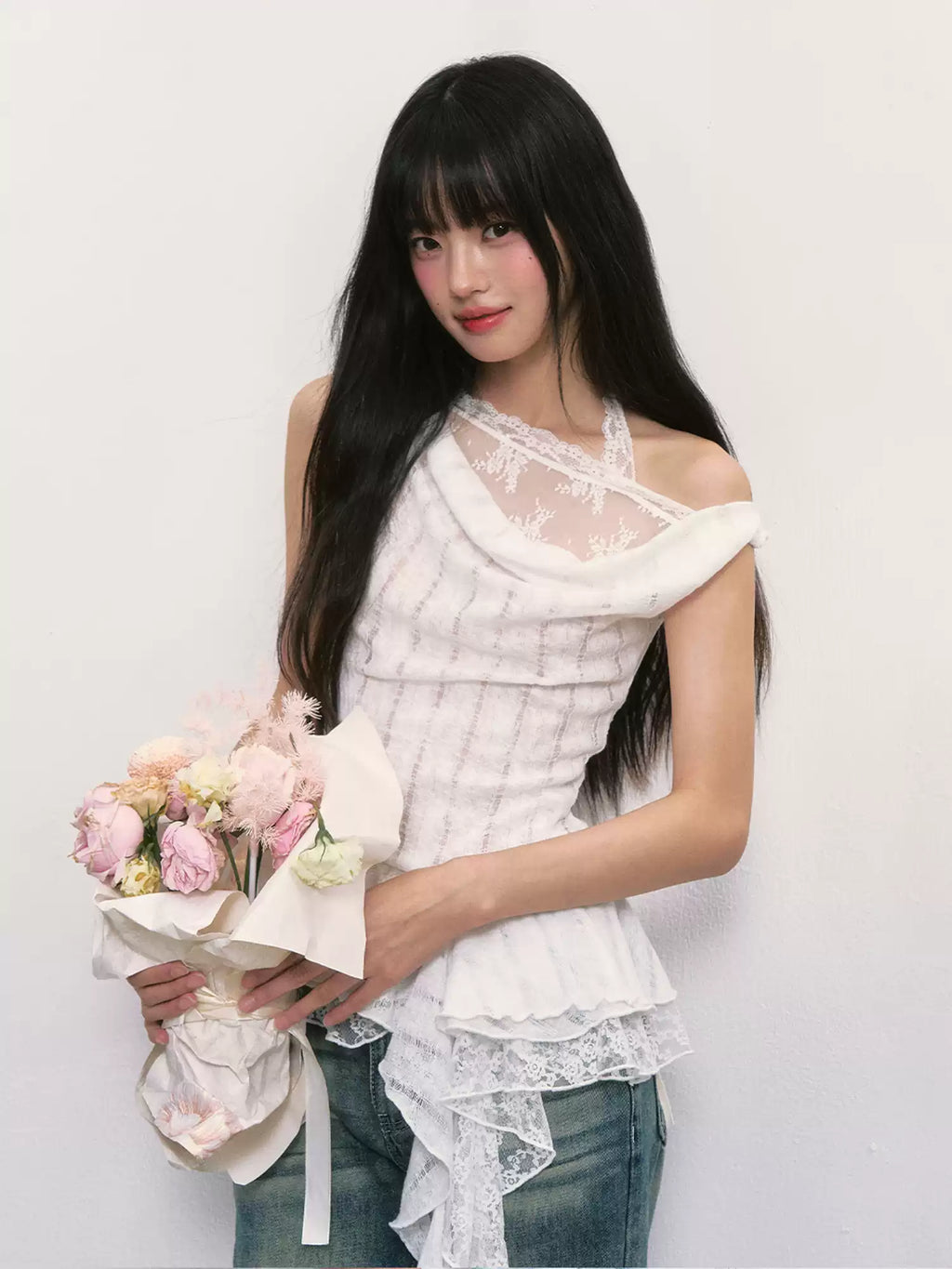 White lace asymmetrical off-shoulder top