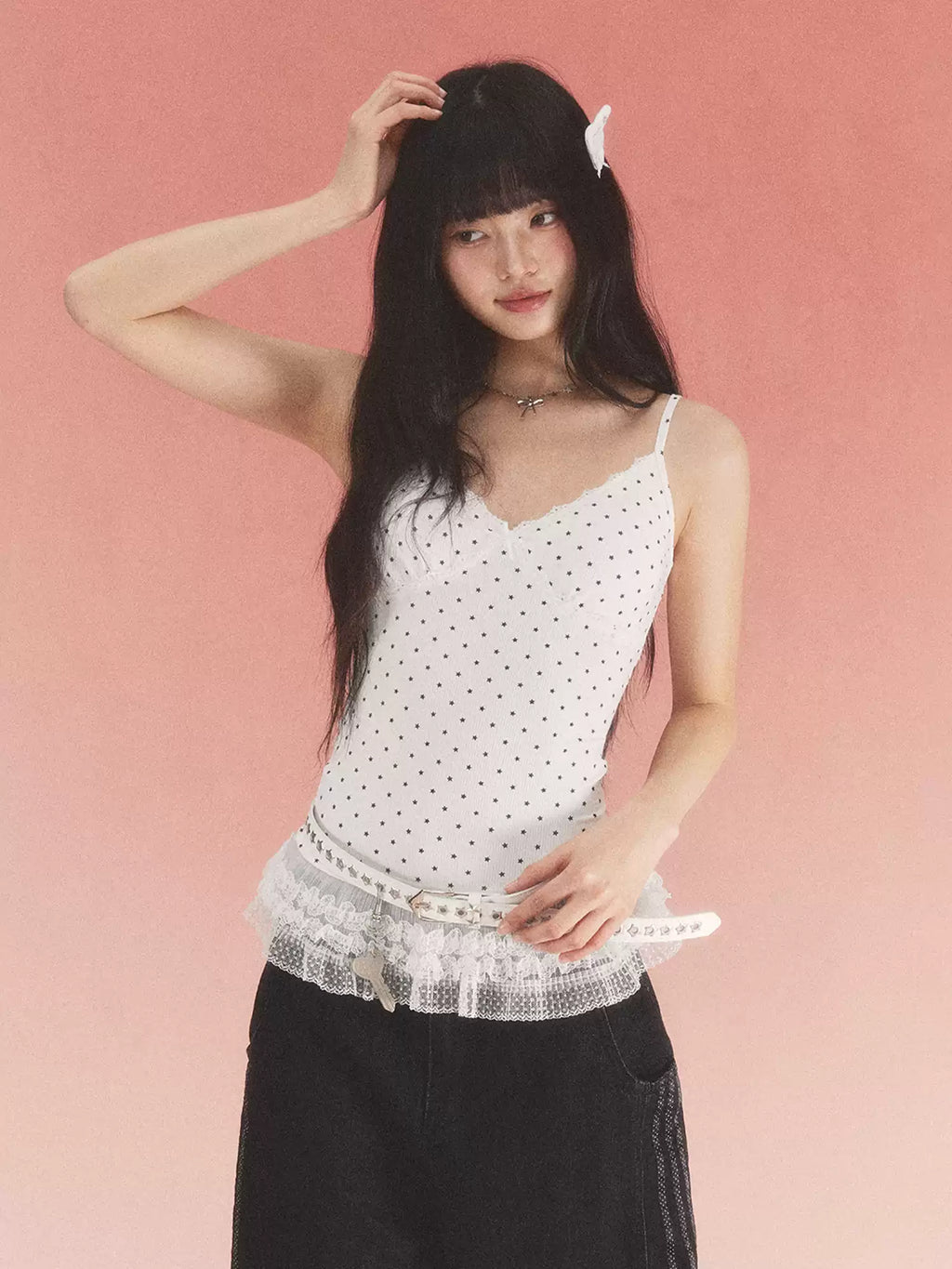 Star print lace trim camisole top